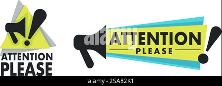 Achtung, Achtung, Achtung und Awareness-Symbol oder -Schild. Isoliertes Symbol mit einem Ausrufezeichen und Megaphon für Schreie. Logo oder Emblem, Logo oder Werbebanner. Vektor in abgewickelter Form. Achtung und Achtung bitte, Symbol oder Schilder Stock Vektor
