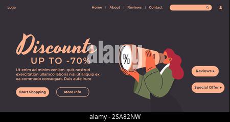 Einkaufen in Geschäften, Angebote für Kunden. Vertriebs- und Treueprogramme. Werbeaktionen und Rabatte, saisonale Ermäßigung, um Kunden zu gewinnen. Vorlage für Website-Landing-Page Website. Vektor in abgewickelter Form. Rabattangebote für Kunden, Shopping-Website, Seite Stock Vektor
