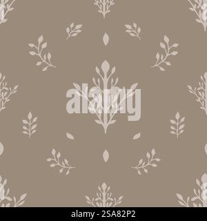 Zweifarbige Blumendekoration mit Blättern und Zweigen. Frühlingsmotiv von kleinen Blättern für Textilien oder Decoupage. Design für nahtlose Muster-, Tapeten- oder Hintergrundausdrucke. Vektor in abgewickelter Form. Blumenschmuck mit Blättern und Zweigen, Druck Stock Vektor