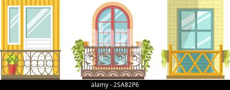 Julia Balkone, kleine Freiluft, um frische Luft, Sonnenlicht und Blick auf den Außenbereich zu genießen. Entspannungsbereiche für Apartmentbewohner, Lounge oder Terrasse mit Topfpflanzen und Blumen. Vektor in abgewickelter Form. Dekorative architektonische Einrichtung, Julia-Balkon Stock Vektor