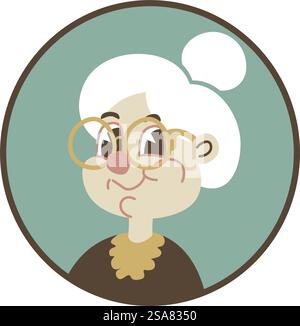 Avatar oder Porträt einer älteren Frau mit grauem Haar. Isolierte Großmutter posiert für das Bild eines Stammbaums, die Dame trägt Brille und altmodische Kleidung. Weibliche Persönlichkeit. Vektor in abgewickelten Formaten. Avatar oder Bild der Großmutter, Symbol des Stammbaums Stock Vektor