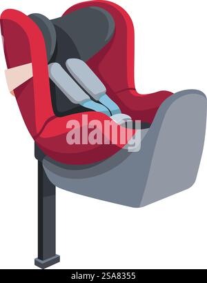 Sicherheit für Kinder während der Reise, Autositz für Autos. Isolierter Ort für Kinder, Gürtel und Schutzmechanismen für Babys und Kleinkinder. Fahrzeugstuhl mit weichem Kissen. Vektor in abgewickelter Form. Kindersitz mit Gurt und Schutzaufbau Stock Vektor