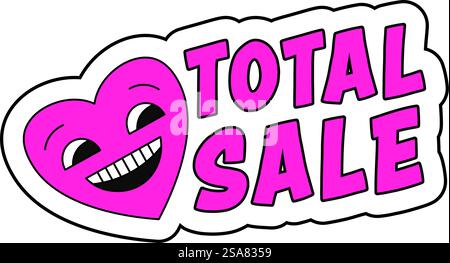 Werbebanner mit lachender Herzfigur. Isolierter Gesamtverkauf in Geschäften und Geschäften, Promotion und Rabatte, reduzierte Preise und niedrigste Kosten für Waren und Produkte. Vektor in abgewickelter Form. Gesamtverkauf in Geschäften und Geschäften, Rabattbanner Stock Vektor
