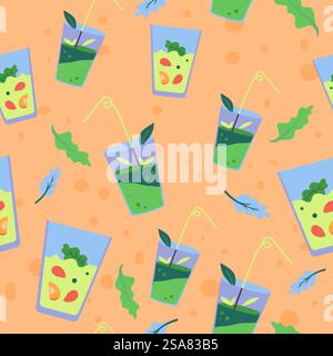Entgiftung und gesunde Ernährung, Diät Smoothie mit Gemüse und Obst. Organische und natürliche Inhaltsstoffe in Getränkegetränken. Nahtloses Muster, Hintergrunddruck oder Hintergrundbild. Vektor in abgewickelter Form. Bio-Smoothie und natürlicher Smoothie mit leckeren Getränken Stock Vektor