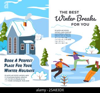 Buchen Sie den perfekten Ort für Ihren Winterurlaub. Urlaub am Wochenende oder Urlaub, Unterkunft zur Miete. Zum Ausruhen und Entspannen, Schlittschuhlaufen. Website-Landing-Page, Internet-Site-Vorlage. Vektor in abgewickelter Form. Beste Winterferien für Sie, buchen Sie einen Ort für Ihren Urlaub Stock Vektor