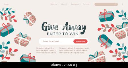 Geschenke für Neujahr und Geschenke für Abonnenten und Follower. Gewinnpreis: Geben Sie eine E-Mail ein, um zu gewinnen. Weihnachten und Feiertage Festtage Website Landing Page, Internet Site Template. Vektor in der Ebene. Geben Sie Ihre E-Mail-Adresse ein, um zu gewinnen, Website-Seitenvektor Stock Vektor