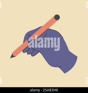 Hand halten Stift oder Bleistift, Schreiben oder Zeichnen. Isolierter Arm des Personals mit Werkzeug Dor, das Bildmaterial oder Skizze erstellt. Künstler oder Schriftsteller, Journalist mit Zeichnungsinstrument. Vektor in abgewickelter Form. Arm halten Stift, Schreiben oder Zeichnen mit Bleistift Stock Vektor