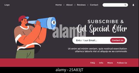 Promotion und Verkauf, abonnieren und Sonderangebot erhalten. Geschäfte und Geschäfte – Werbeaktion und Werbung. Kontaktieren Sie uns für weitere Informationen. Vorlage für Website-Landing-Page, Internet-Site. Vektor in abgewickelter Form. Abonnieren und Angebot erhalten, Website-Seite mit Promotion Stock Vektor