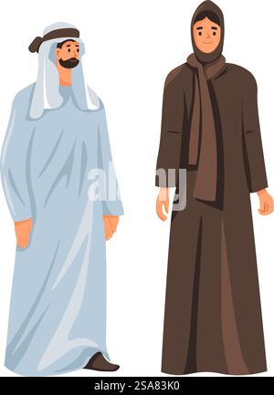 Mann und Frau Paare tragen traditionelle Kleidung, isolierte männliche und weibliche Charaktere in langen Gewändern oder Kleidern. Mädchen im Hijab, bedeckt Kopf und Füße. Bärtiger Kerl in Kleidung. Vektor in abgewickelter Form. Vereinigte Arabische Emirate Mann und Frau in Kleidung Stock Vektor