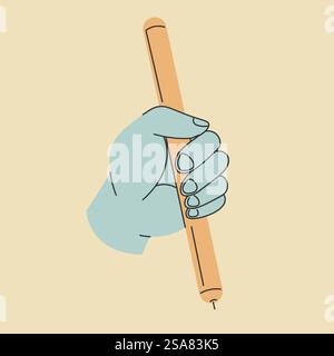 Künstler oder Architekt mit Werkzeug zur Erstellung von Bauplänen und Schemata. Isolierter Handstift oder Stift mit scharfem Ende Zeichnen oder Erstellen künstlerischer Meisterwerke. Arm mit Fingern. Vektor in abgewickelter Form. Arm halten Bleistift mit scharfem Ende, Malerwerkzeug Stock Vektor