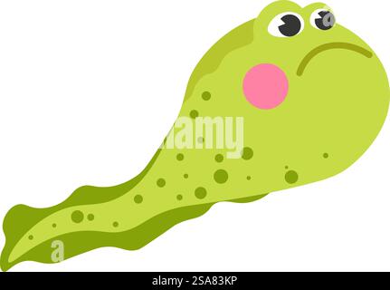 Zoologie und Biologie Wasserwesen mit großem Kopf und langem Schwanz. Kaulquappe schwimmen. Isolierte Larvenamphibie oder kleiner Frosch mit traurigem Mündungsausdruck und Erröten. Vektor in abgewickelter Form. Kaulquappe oder kleiner Froschschwimmer, Wassertier Stock Vektor