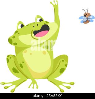 Kröte oder Frosch sitzen mit offenem Mund und versuchen, Fliege zu fangen. Verspieltes Wasser und irdische Reiche Kreatur. Amphibien oder Polliwog spielen mit Insekten. Lustiger Wassertiercharakter. Vektor in abgewickelter Form. Frosch fängt Fliege, lustige Wassertierfigur Stock Vektor