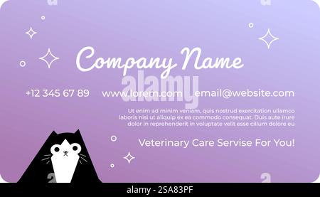 Haustiere tierärztliche Betreuung für Sie. Name des Unternehmens und Details zur Organisation, Telefonnummer und Website-Seitenadresse. Geschäfts- oder Visitenkarte, Werbung oder Branding. Vektor in abgewickelter Form. Tierärztliche Betreuung für Sie, Visitenkarte Stock Vektor