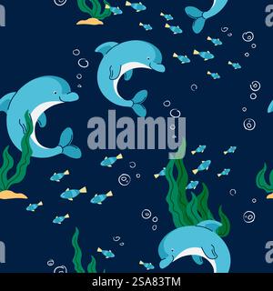 Nahtloses Wassermuster mit Delfinen und Fischen zwischen Meerespflanzen auf tiefblauem Hintergrund für verschiedene Dekorationsanwendungen. Delfine und Fisch Aquatic Design Stock Vektor