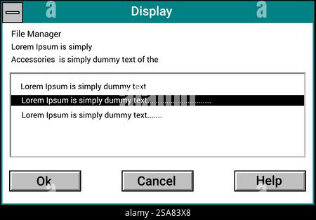 Anwendungsschnittstelle, isoliertes Fenster mit Platzhaltertext und Schaltflächen für Aktionen. Bildschirm des alten Betriebssystems für Laptops oder Computer. Anzeige des Dateimanagers. Vektor in abgewickelten Formaten. Schnittstelle des Fensters mit Platzhaltertextvektor Stock Vektor