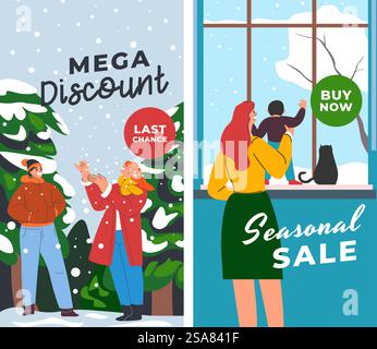 Saisonales Angebot im Winter, Mega-Rabatt vor Weihnachten und Neujahr. Urlaubsangebote und -Angebote für Kunden und Kunden. Werbebanner oder Werbeplakat, Vektor in flacher Form. Mega-Rabatt, letzte Chance jetzt kaufen, Werbebanner Stock Vektor