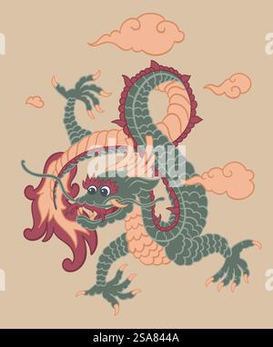 Traditionelle Folklore und chinesische Mythologie Kreatur, isoliertes Drachen Symbol des Neujahrs 2024. Sternzeichen, Monster oder Bestie mit Krallen und unheimlichem Gesichtsausdruck, Reptilienschwanz. Vektor in abgewickelter Form. Chinesische Drachenkreatur mit Klauen und Schwanz, Wolke Stock Vektor