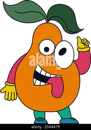 Birnenförmige Figur mit Blättern, Beinen und auskragender Zunge. Obst oder Beere mit lustigem Gesicht, das die Hand hebt. Emoji oder Emoticon, Aufkleber oder Persönlichkeit. Vektor in abgewickelter Form. Retro-Persönlichkeit mit dummen Gesichtsausdrücken Stock Vektor