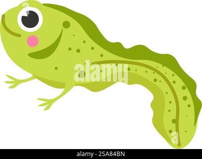 Süße Kaulquappe oder Polliwog schwimmen im Wasser. Kleiner Babyfrosch schwimmt. Amphibien, entzückendes Froschtier. Isolierte glückliche, lächelnde Larvenfigur mit Beinen, Wasserreptil. Vektor in abgewickelter Form. Kaulquappe oder Babyfrosch, Larvenfigur mit Beinen Stock Vektor