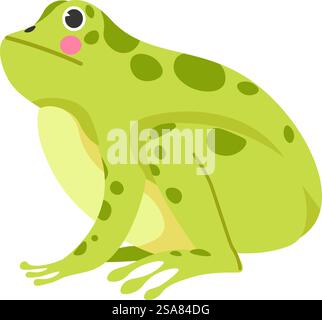 Frosch oder Kröte sitzend, Wasserreptil mit Flecken auf Haut, Natur und Wildnis. Isolierte Amphibiencharakter, zoologische und biologische Kreatur, die im Wasser lebt, wildes Tier. Vektor in abgewickelter Form. Kröte oder Frosch sitzend, Wasserwesen oder Reptilien Stock Vektor