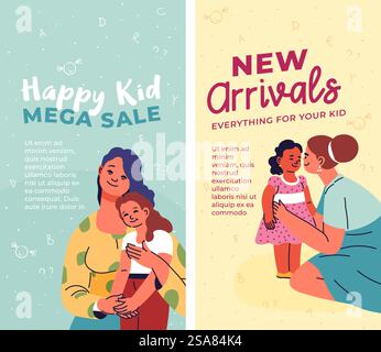 Große Auswahl an Spielzeug, interaktive Spiele. Stilvolle bequeme Kleidung Schuhe. Schulungsmaterialien für die Entwicklung. Glückliche Mutter mit Kind. Werbebanner oder Werbung, Vektor in flacher Form. Mega-Verkauf von Produkten, Neuankömmlinge für Kinder Stock Vektor