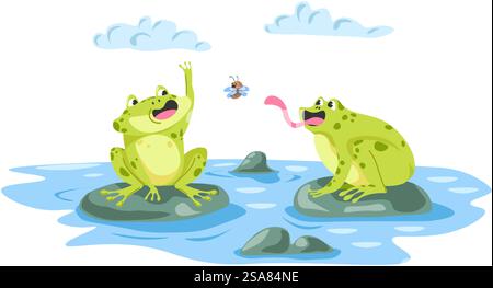Zeichentrickfrösche sitzen auf einem Teich auf Steinen, Amphibien oder Wassertieren. Kröten in natürlichem Lebensraum spielen und versuchen, Fliege zu essen. Polliwog-Charaktere mit Insektenflecken. Vektor in abgewickelter Form. Frösche auf Steinen spielen mit Fliege, Wassertiere Stock Vektor
