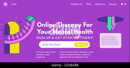Kurse oder Ausbildung, Online-Therapie für Ihre psychische Gesundheit. Melden Sie sich an und beginnen Sie noch heute. Wellness und Wohlbefinden, Ruhe und Ruhe. Website-Landing-Page, Internet-Site. Vektor in abgewickelter Form. Online-Therapie für Ihre psychische Gesundheit Website Seite Stock Vektor