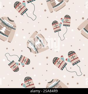 Fäustlinge und warmer Strickpullover, Winterkleidung der Saison. Weihnachten- und Neujahrsoutfits, Kleidung zu weihnachten. Nahtloser Musterdruck, Hintergrundtapete. Vektor in abgewickelter Darstellung. Winterkleidung nahtloses Muster mit Fäustlingsmuster Stock Vektor