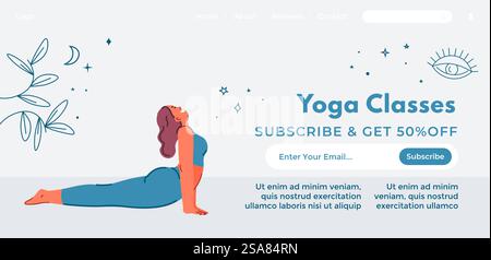 Frau, die Yoga-Pose durchführt, Webbanner für Online-Kurse, Vektor-Illustration, weißer Hintergrund. Webbanner Für Frauen-Yoga-Pose Stock Vektor
