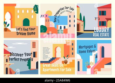 Netzwerk-Webseite mit Angebot zum Verkauf von Immobilien. Bunte Gebäude in der Social Media Design Kollektion, Vektorillustration. Immobilienmakler-Service-Werbung auf Online-Banner. Netzwerk-Webseite mit Angebot zum Verkauf von Immobilien Stock Vektor