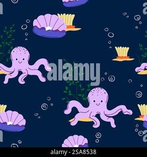 Nahtloses tiefblaues Meeresmuster mit rosafarbenen Oktopussen und Muscheln, ideal für Kinder und Dekorationen. Meeresmotiv mit Tintenfisch und Muscheln Stock Vektor