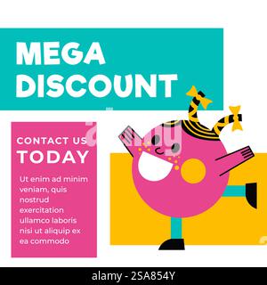 Verkäufe und Rabatte in Geschäften und Geschäften. Mega-Rabatte für Kunden: Kontaktieren Sie uns noch heute und kaufen Sie zu einem günstigen Preis. Niedliche Kirschfigur. Werbebanner, Werbung und Werbeaktion. Vektor in der Ebene. Mega-Rabatte im Shop, im Verkauf und im Angebot Stock Vektor