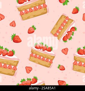 Scheiben Erdbeerschwamm Dessert mit frischen Beeren. Köstlicher Obstkuchen für besondere Anlässe. Bäckerei Produkte und Mahlzeiten. Nahtloser Musterdruck, Hintergrundbild. Vektor in abgewickelter Form. Erdbeerschwamm-Kuchen-Dessert, Musterdruck Stock Vektor