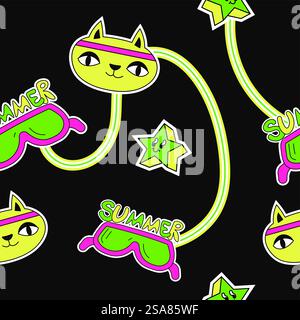 Moderne helle Komposition einer Katze mit Sportband auf Kopf, Stern und Sonnenbrille mit sommerlicher Cool-Inschrift. Nahtloses Muster, Hintergrundbild oder Hintergrund. Vektor in abgewickelter Darstellung. Trippige und moderne Komposition mit Stern und Katze Stock Vektor