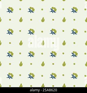 Blühende Blumen, Punkte und Blätter in Reihen. Retro-Dekoration oder -Ornament mit Pflanzen und Vintage-Elementen. Nahtloses Muster, Hintergrundbild oder Druckhintergrund. Vektor in abgewickelten Formaten. Retro-Druck mit Blättern, Punkten und blühenden Blumen Stock Vektor
