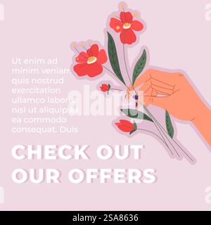 Werbeplakat oder Werbebanner mit zarter Blumenkomposition mit Stielen und Laub. Verkauf von Blumenkompositionen für Kunden, Geschenke für Feiertage. Informieren Sie sich über unsere Angebote. Vektor in abgewickelter Form. Sehen Sie sich unsere Angebote und Blumenstrauß-Banner an Stock Vektor