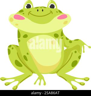 Beruhigen Sie den anthropomorphen Frosch mit einem Lächeln. Wassertiere, isolierte Amphibien, biologische Vielfalt der Natur. Kröte mit Flecken. Kreaturen und zoologische Vielfalt, Charaktere, die im Wasser leben. Vektor in abgewickelter Form. Wassertier, anthropomorpher Frosch mit Lächeln Stock Vektor