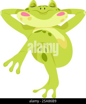 Kröte schläft mit friedlichem Gesichtsausdruck. Isolierter, süßer Frosch beim Nickerchen oder entspannten Liegen auf den Pfoten. Entzückende Amphibienträume. Lustige, faule Wassertierfigur, die schläft. Vektor in abgewickelter Form. Froschschläfchen oder entspannend auf Pfoten liegen, faule Kröte Stock Vektor