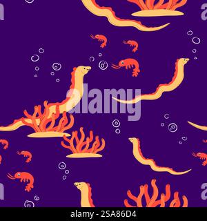 Eamless Unterwassermuster mit gelben Seepferden und roten Garnelen auf lila Hintergrund für verschiedene Designzwecke. Seepferdchen und Garnelen Sea Texture Stock Vektor