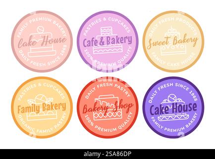 Rundes Emblem-Set für Produkte in Bäckerei. Farbenfrohes Stickerdesign mit Strichkuchen-Elementen, Vektorillustration. Label für Werbung für Familienbäckerei, Werbung für Gebäck und Desserts. Rundes Emblem-Set für Produkte in Bäckerei Stock Vektor