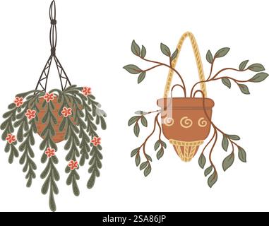 Vektor-Illustrationen von verschiedenen hängenden und Topfpflanzen im Innenbereich, perfekt für Wohnkultur und Gartenthemen. Hänge- und Topfpflanzen Vektor-Set für den Innenbereich Stock Vektor