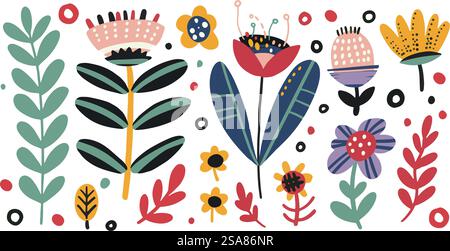 Eine Reihe von Vektorillustrationen mit handgezeichneten botanischen Elementen, einschließlich verschiedener Blumen und Blätter, isoliert auf weißem Hintergrund, in einem schwarzen Stil. Handgezeichnetes Botanisches Elementset Stock Vektor