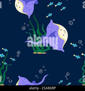 Nahtloses Muster mit Stachelrochen und tropischen Fischen, in einer ruhigen Unterwasserumgebung auf marineblauem Hintergrund, perfekt für Dekor und Kleidung. Stachelrochen und tropisches Fischmuster Stock Vektor