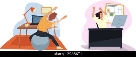 Eine fröhliche Vektor-Illustration, die eine Person zeigt, die während der Arbeit von zu Hause aus eine Stretchpause einlegt, isoliert auf einem weißen Hintergrund. Stretching Break Home Office Vektor Stock Vektor