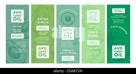 Etikettenset für Avocadoöl-Produktverpackung. Skizzieren Sie das Fruchtelement bei der Stickersammlung natürlicher Inhaltsstoffe, Vektorillustration. Werbung für gesunde Lebensmittel mit Tags. Etikettenset für Avocadoöl-Produktverpackung Stock Vektor
