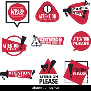 Satz von Vektorabbildungen mit verschiedenen Aufmerksamkeiten Bitte Schilder in rot und schwarz, isoliert auf weiß. Achtung Bitte Signage Vektor festlegen Stock Vektor