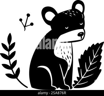 Volkskunst inspiriertes Bärendesign mit Blatt, Vektorillustration isoliert auf weißem Hintergrund. Volkstümliches Bär- und Blattdesign Stock Vektor