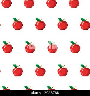 Nahtloses Muster mit Pixel-Art-Äpfeln im Retro-Stil. Vektorillustration isoliert auf weißem Hintergrund, perfekt für Textilien und digitale Designs. Pixel Art Apple Seamless Pattern Stock Vektor