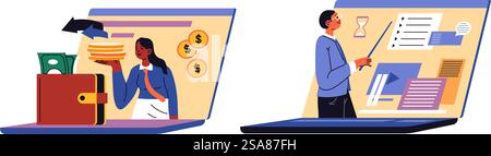 Eine dynamische Vektorillustration, die moderne Kommunikationsmethoden zeigt, geeignet für die Darstellung von Technologie und sozialer Interaktion. Moderne Kommunikationstechnologie Szenenvektor Stock Vektor