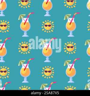 Nahtloses Muster mit Sommer-Cocktails und Sonnensymbolen in flachem Stil. Vektor-Illustration auf einem türkisfarbenen Hintergrund, perfekt für Sommer-Motive.. Sommer-Cocktails Und Sun Seamless Pattern Stock Vektor